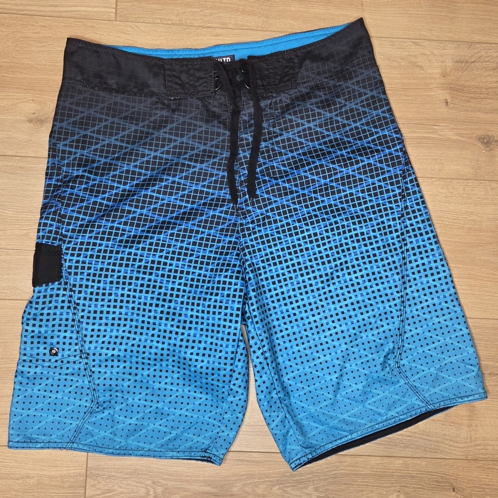 Ecko Unltd Board Shorts Blue Black Grid Surf Swim Trunks W33